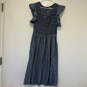 Women’s XL Striped Ruffle Sleeve Dress cotton linen blend gray white square neck